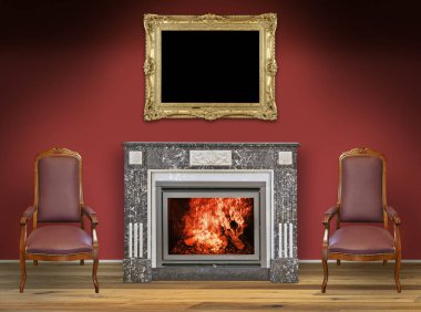 İçi ahşap zemin, şömine ve kırmızı duvara dayalı iki koltuk.