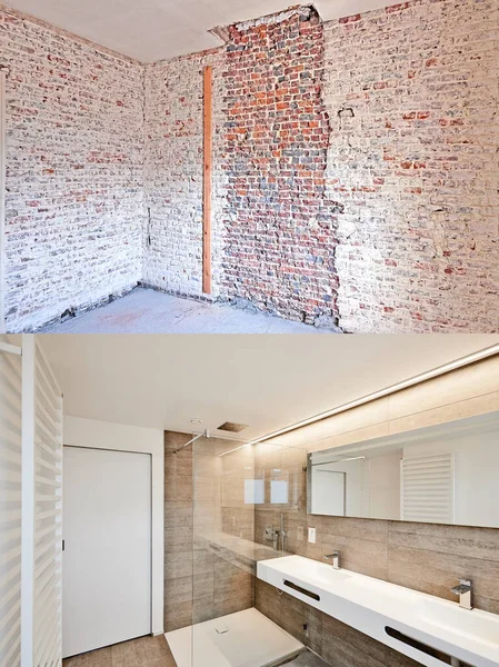 Sanierung Eines Badezimmers Vorher Und Nachher Horizontalen Format — Stockfoto