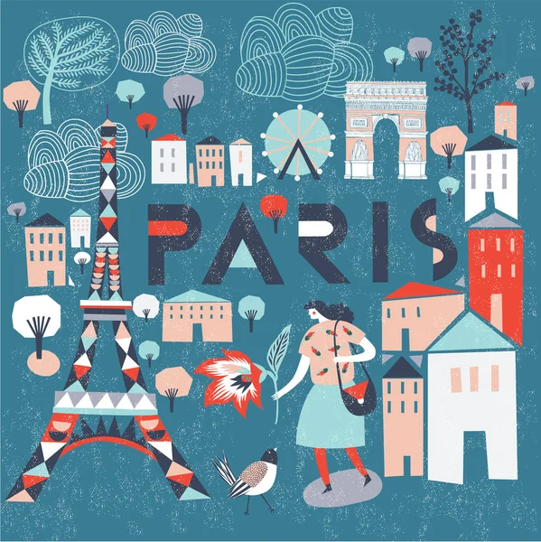 Cartoon Map Paris Legend Icons Inglés Diseño Impresión — Vector de stock