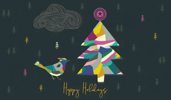 クリスマスの木と鳥の幸せな休日のグリーティング カード ベクトル図 — ストックベクタ