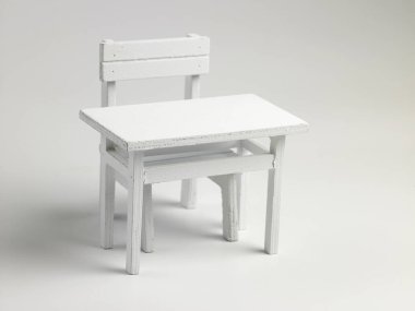 Masa ve sandalye beyaz zemin üzerine minyatür