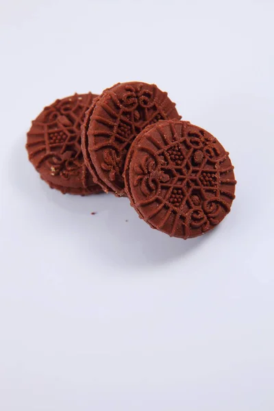 Chocolate Cookies Milk Cream White Background — Stock Photo, Image