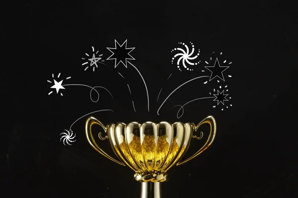 Trofee Voor Blackboard Vieren Met Vuurwerk — Stockfoto