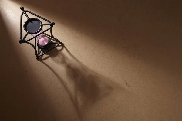 Hourglass Wooden Floor Shadow Showing Time Out Copy Space — Stock Photo, Image