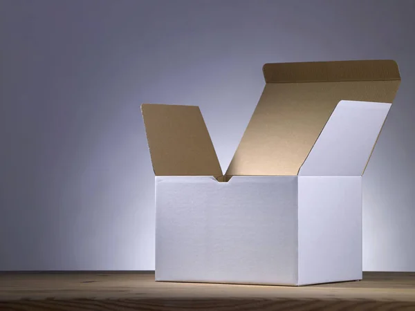 Prázdný Dokument White Paper Box Dřevěný Stůl — Stock fotografie