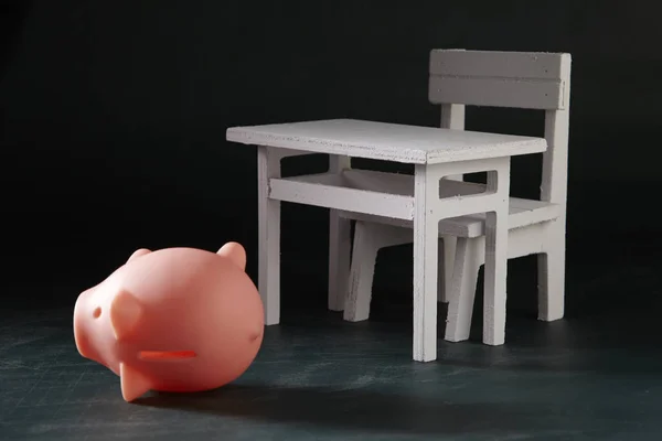 Miniature Table Chair Piggy Bank Blackboard — Stock Photo, Image