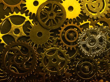 Konsept saat metal dişliler koyu arka plan üzerinde görünümü top