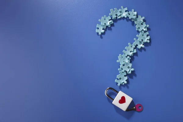 Puzzle Pieces Form Question Mark Blue Background — Stock Photo, Image