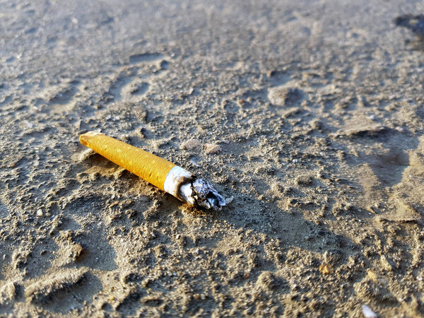 сигарета и окурок, лежащие на черном тротуаре зимой
