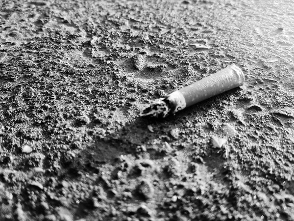 Sigaretta Mozzicone Sigaretta Sdraiato Sul Marciapiede Nero Inverno — Foto Stock