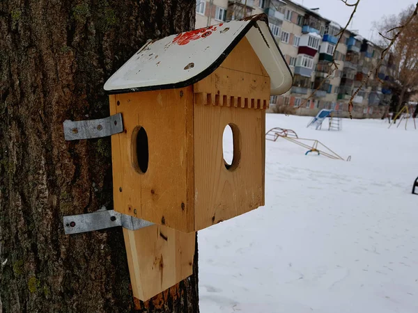 Schöner hölzerner Nistkasten oder Vogelfutterhäuschen — Stockfoto