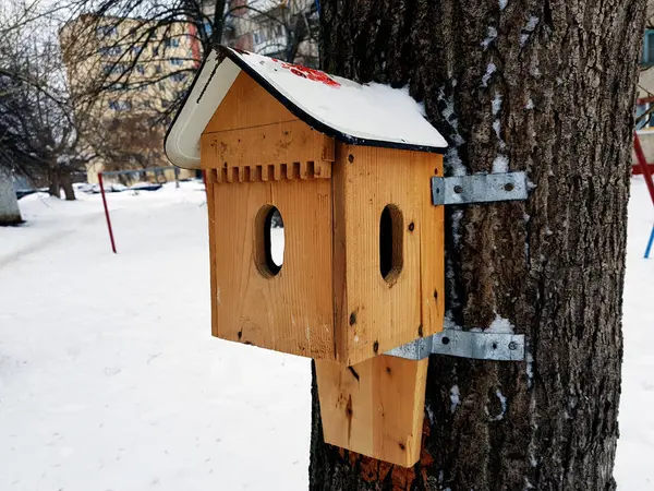 Piękne drewniane pudełko zagnieżdżenia lub podajnik ptak — Zdjęcie stockowe