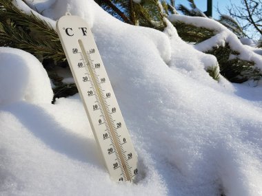 sokak termometre sıcaklığı Celsius ve Fahrenheit yanındaki genç çam karda ile