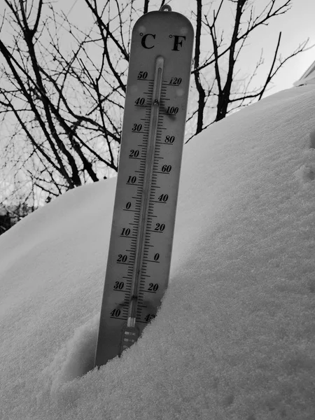 street thermometer with temperature centigrade and fahrenheit in the snow