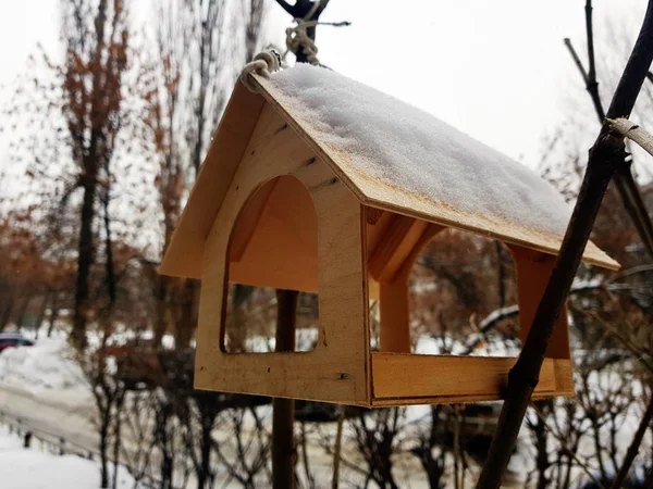 A beautiful nesting box or bird feeder for winter in the snow