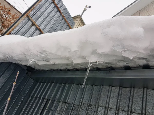 겨울에 위험한 얼음 블록 지붕에 눈 걸린다 — 스톡 사진