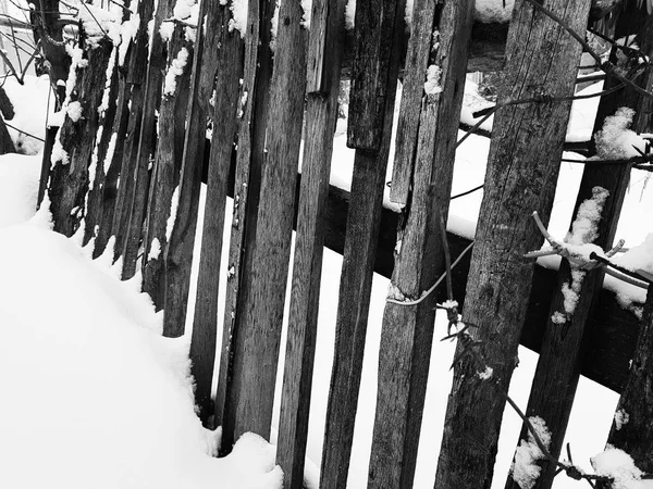 Cerca de madeira velha bonita no fundo da neve no inverno — Fotografia de Stock