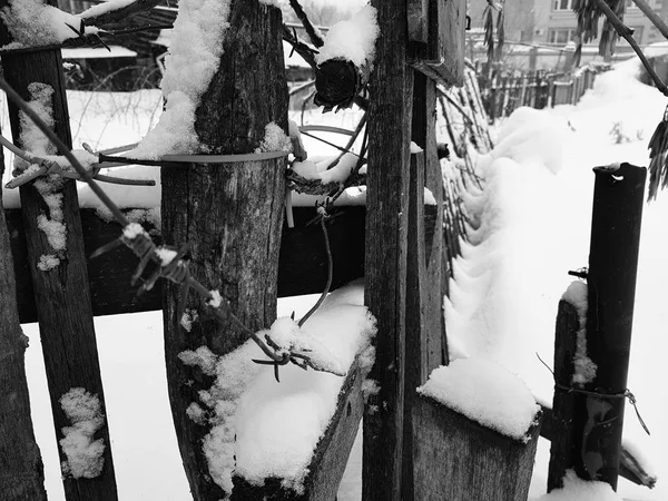 Όμορφο παλιό ξύλινο φράχτη στο φόντο του χιονιού το χειμώνα — Φωτογραφία Αρχείου