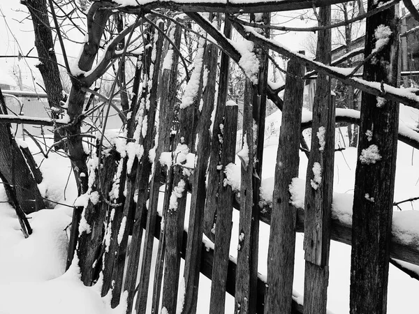 冬天雪的背景上美丽的古老木栅栏 — 图库照片