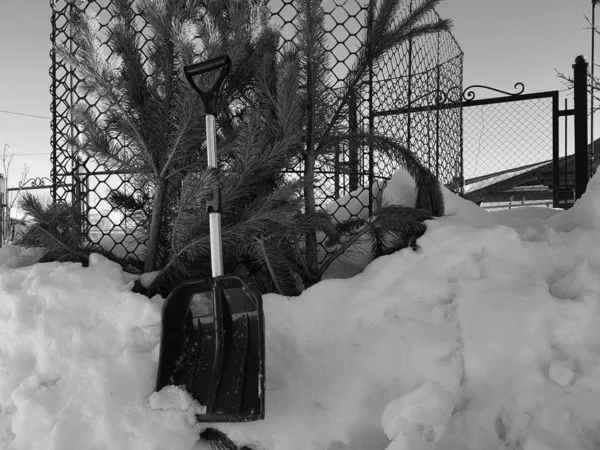 Uma pá de neve custa cerca de uma montanha de neve e uma árvore de Natal no inverno ou na primavera — Fotografia de Stock
