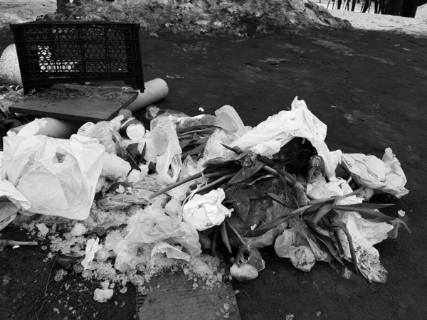 Lixo - flores espalhadas, pacotes, caixas na neve e no asfalto no inverno ou na primavera — Fotografia de Stock