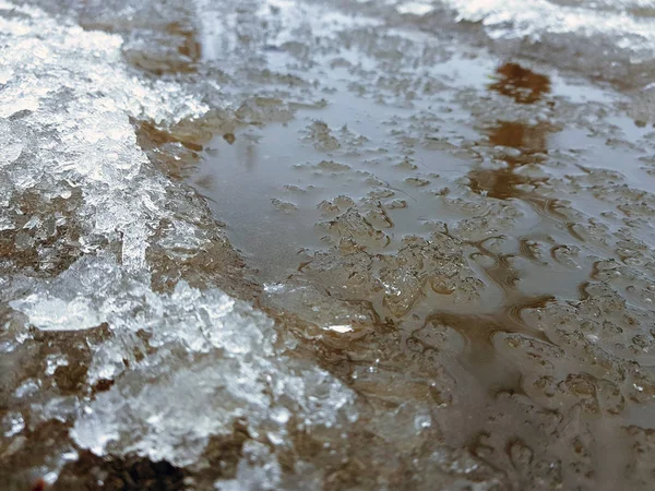 Schöne Pfützen mit Eiskruste, Schnee und Reflexion im Winter oder Frühling — Stockfoto