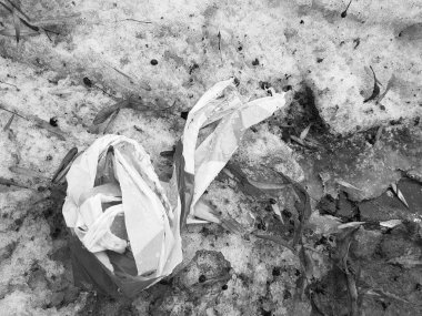 Güzel buruşturulmuş inşaat durdurmak bant kış veya ilkbaharda kar üzerinde yalan