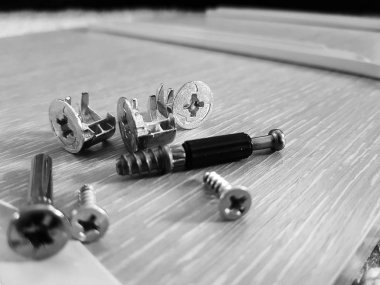 Mobilya parçaları - çeşitli bağlantı elemanları ve donanım mobilya fişleri ile hafif ahşap doku üzerinde yalan