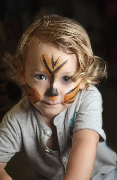 Mannelijke Kind Twee Jaar Oud Met Geschilderde Gezicht — Stockfoto