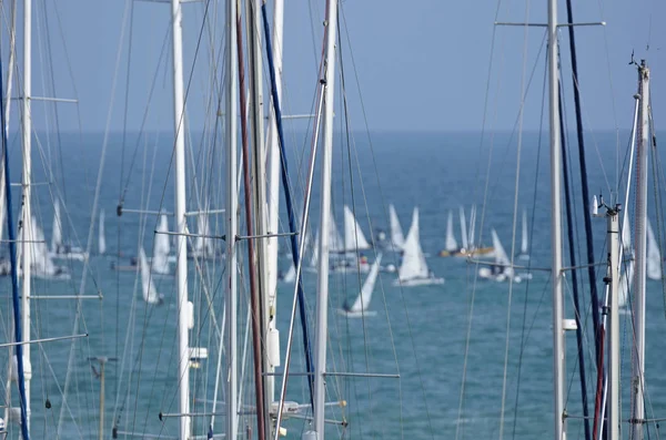 意大利 西西里岛 地中海 滨海迪拉古萨 2019年3月8日 帆船在码头和帆船小艇上桅杆 — 图库照片