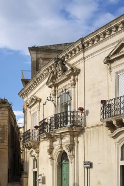 İtalya, Sicilya, Scicli (Ragusa eyaletinde), Unesco Barok Penna Musso Iacono Palace cephe ve balkon (19. yüzyıl a.C.)