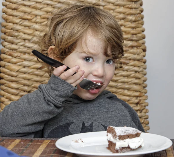 Retrato Niño Años Comiendo Pastel Cumpleaños —  Fotos de Stock