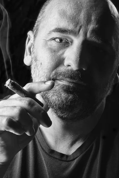 一个留着胡子的男人抽雪茄的工作室肖像 — 图库照片