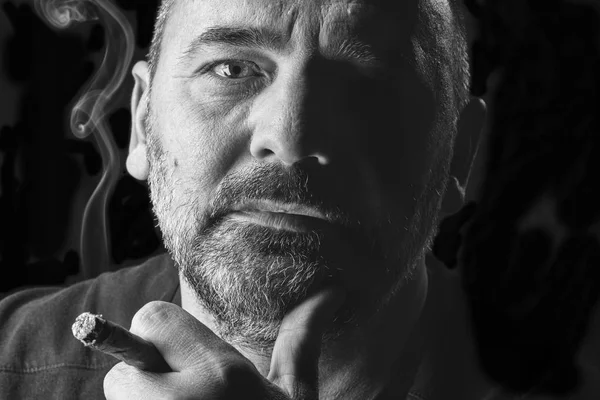 Studio Portrait Bearded Man Smoking Cigar Stock Photo