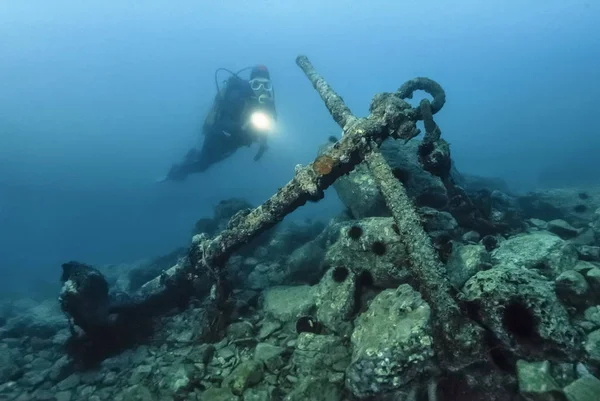 Muntenegru Marea Adriatică Fotografie Scufundări Epave Ancoră Veche Navei Film — Fotografie, imagine de stoc