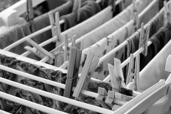 Washed clothes on a drying rack