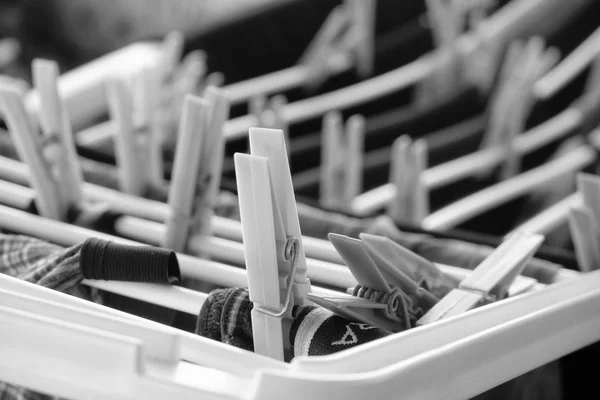 Washed clothes on a drying rack