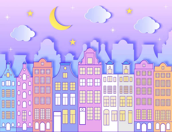 Gebäude, Mond, Sterne und Wolken. — Stockvektor