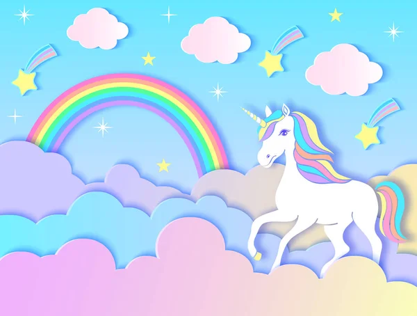 Unicorn, awan, pelangi dan bintang-bintang - Stok Vektor