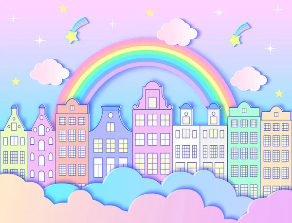 Stad, regenboog, sterren en wolken. — Stockvector