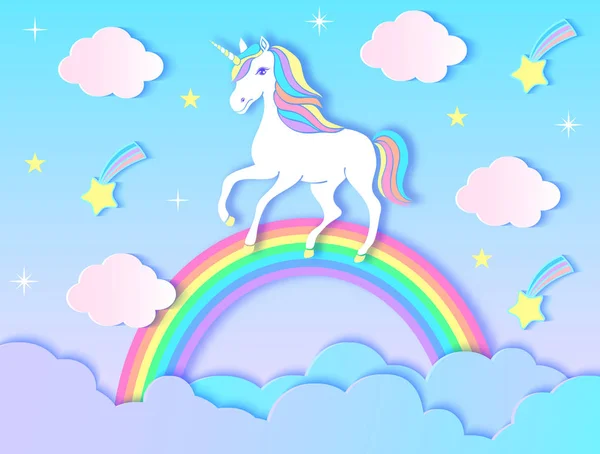 Unicorn, wolken, regenboog en sterren — Stockvector