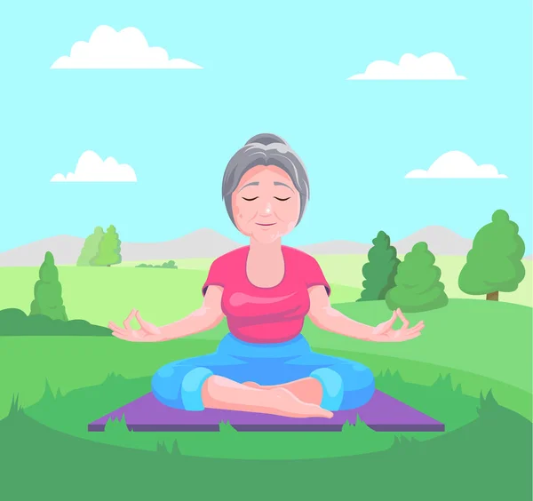 Senior woman meditates — Stock Vector