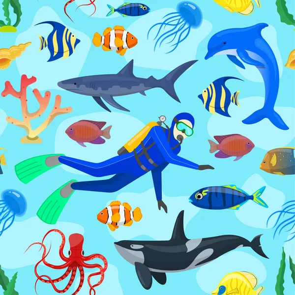 Padrão com animais do oceano e mergulhador — Vetor de Stock