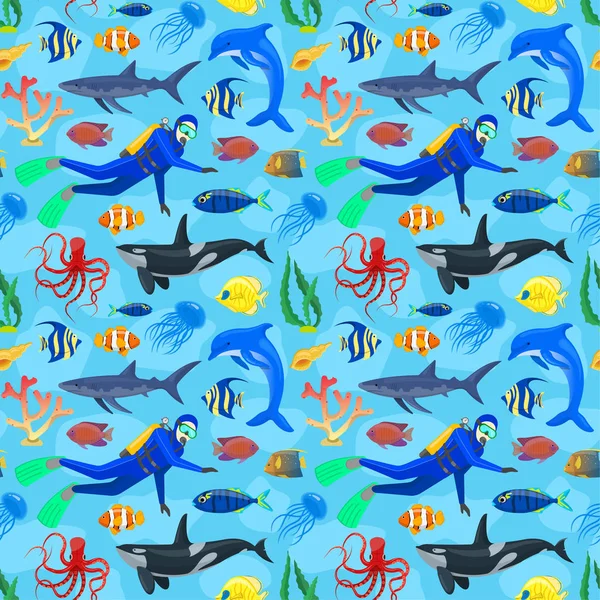 Pattern with ocean animals and diver — Stock Vector