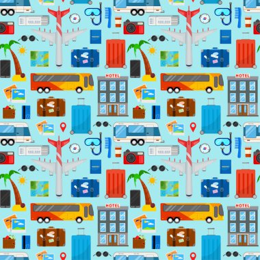 Düz stil seyahat mavi arka plan üzerinde renkli seamless modeli