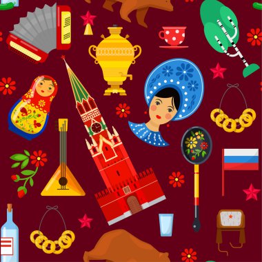 Geleneksel Rus öznitelikleri üzerinde kırmızı arka plan ile Seamless modeli