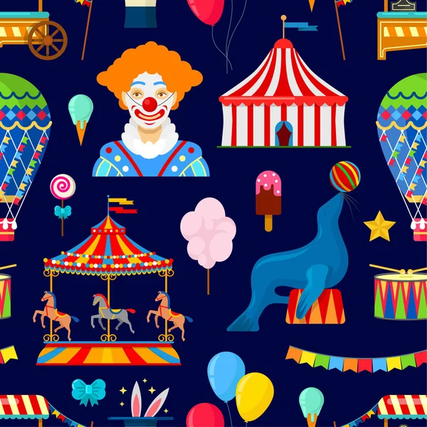 Seamless Pattern Circus Amusement Elements Flat Style Dark Background — Stock Vector