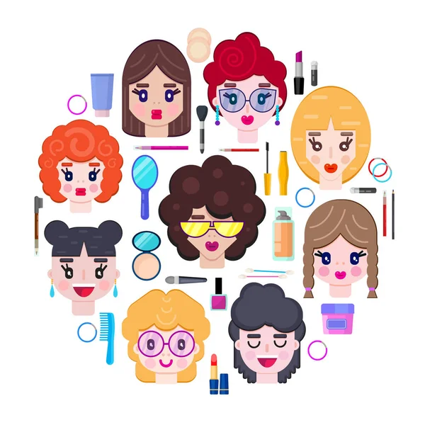 Illustratie met meisjes gezichten en cosmetica — Stockvector