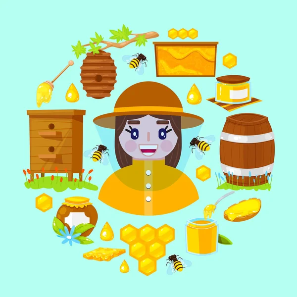 Včelař a objekty včelařství — Stockový vektor