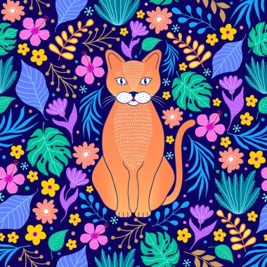 turuncu kedi ve tropikal çiçekler